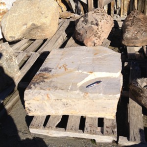 Photo of Blonde Block Boulder. Use in landscaping. Natural stone sold by Rolleri Landscape Products